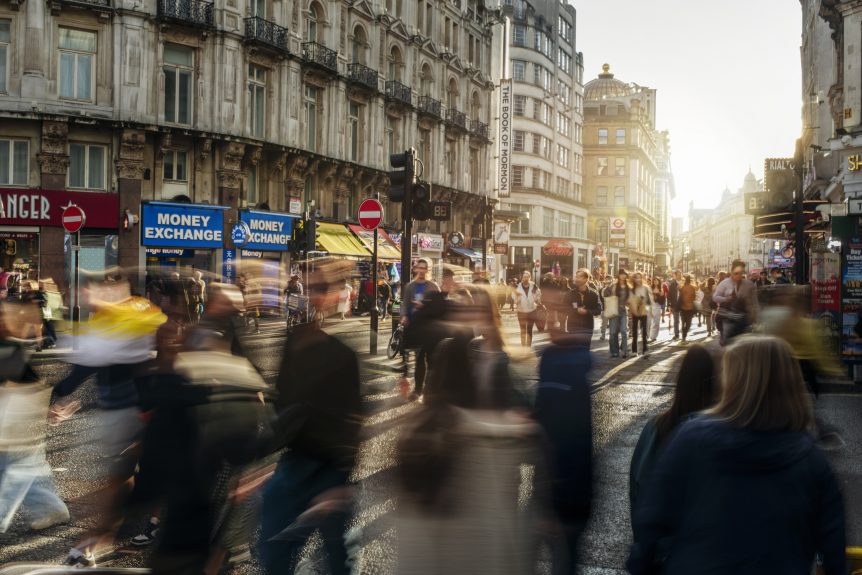 Shoppers on a busy London high street.